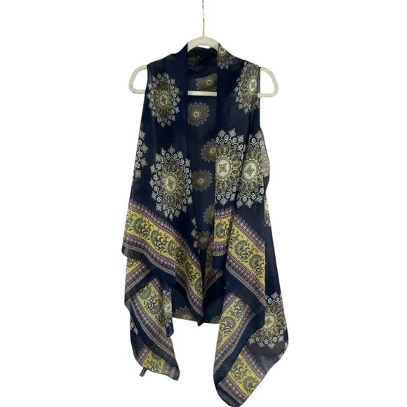 SAX Womens Sheer Vest Mandala Print Navy Blue Yellow Acrylic Open Front Bohemian - Picture 7 of 9